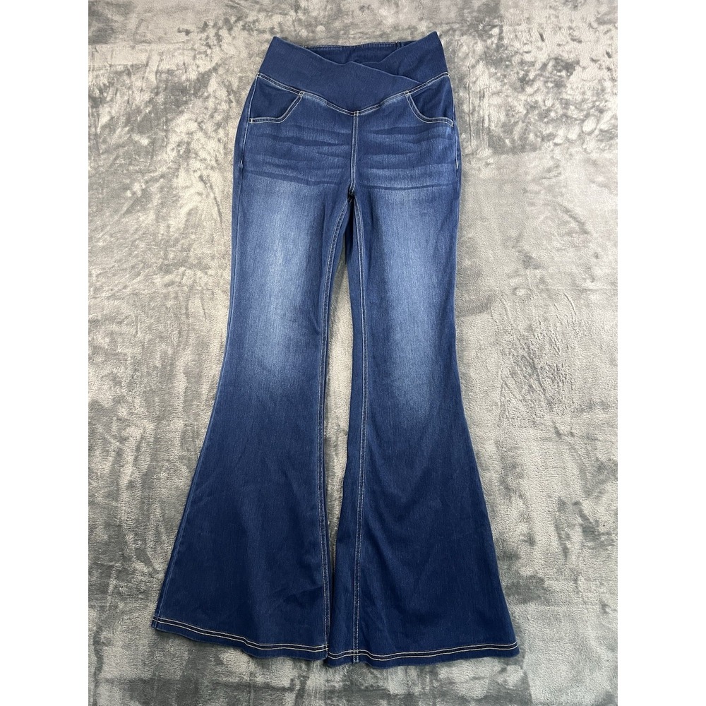 Halara Crossover Flare Jeans Medium Tall Blue Denim High Waisted Elastic Pants